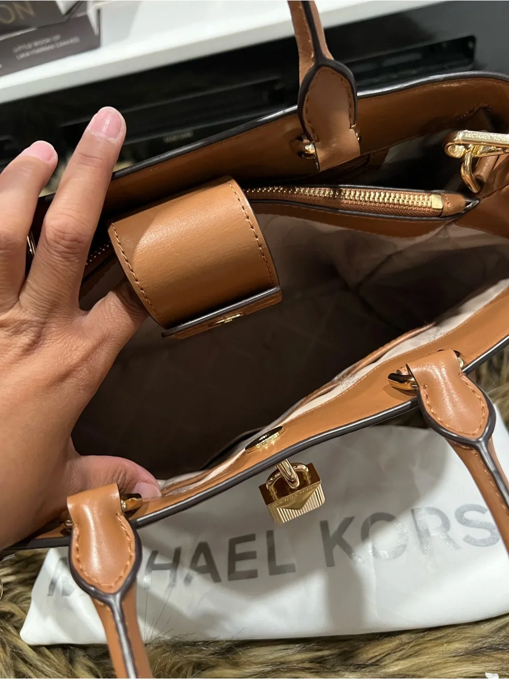 Michael Kors Quilted Tote in Cognac Brown with Gold Hardware